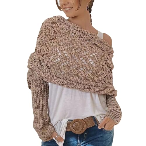 Scarf with Sleeves for Women,Knitted Cable Wrap,Scarf Sweater Wrap with Sleeves,Crochet Pattern Cozy Shrugs for Women Camel
