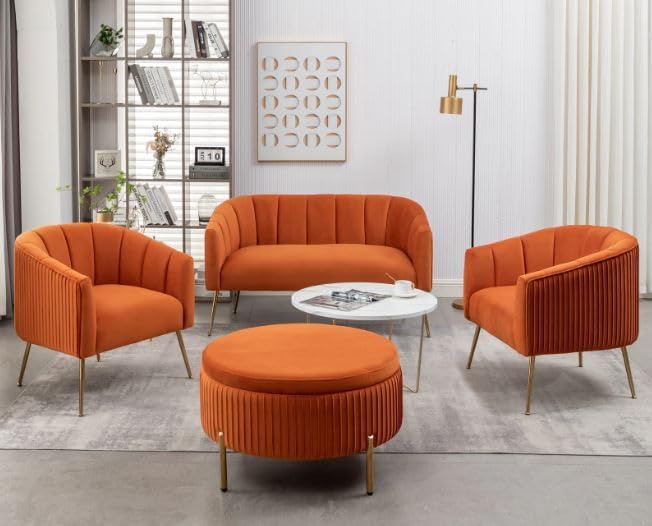 Velvet Fabric Sofa Set 2+1+1 with Ottoman, Solid Wood Armchairs & Loveseat, Gold Metal Legs, Modern Curved Accent Seating for Living Room (Sapphire Rust, 2+1+1 with Ottoman)-image-1