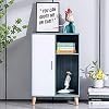OBERICOL Sideboard, hoher Akzent-Küchenschrank, Holzkonsolentisch mit einer Tür und verstellbaren Einlegeböden (blau + weiß)