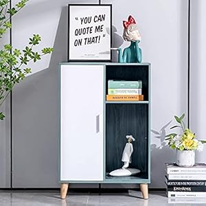 OBERICOL Sideboard, hoher Akzent-Küchenschrank, Holzkonsolentisch mit einer Tür und verstellbaren Einlegeböden (blau + weiß)