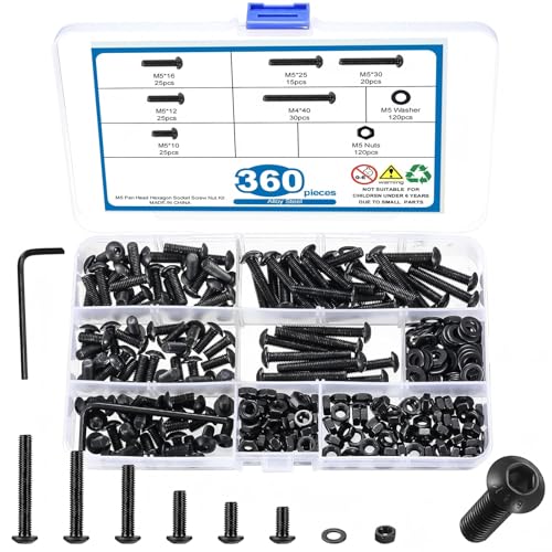 360 Pcs M5 Nuts and Bolts Assortment, Hex Socket Button Head Cap Screws Set with Washers, Black Round Head Machine Screws Kit