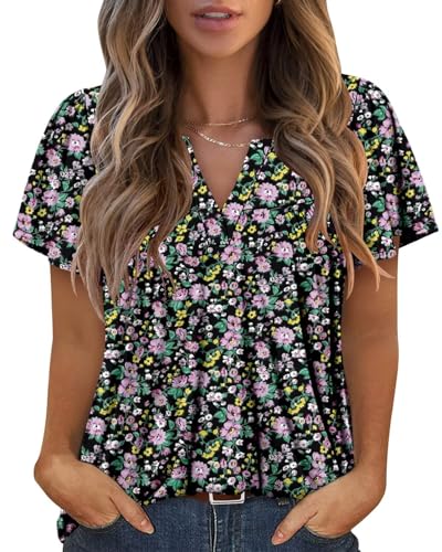Womens V Neck Tunics 2025 Beach Boho Top Loose Casual Summer Short Bell Sleeve Blouse Classic Purple Iris Floral Dressy Pleated T-Shirt for Vacation Travel and Outing XL