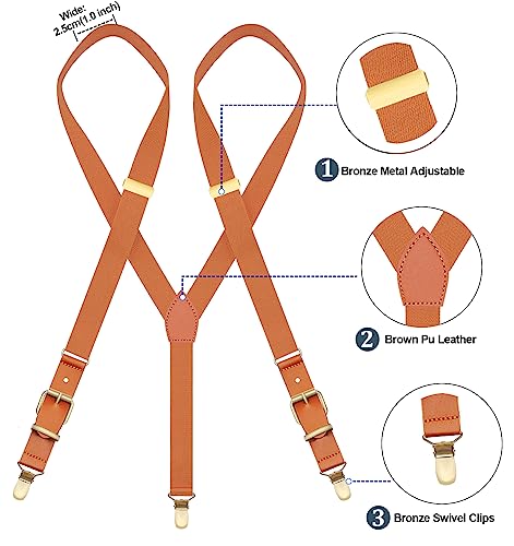 Mendeng Adjustable Brown Suspenders For Men Wedding Groomsmen Bronze Metal Clips Braces Leather #TOP1