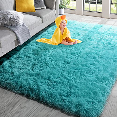 PAGISOFE Soft Fluffy Blue Area Rugs for Bedroom Kids Room Living Room Carpet Shag Furry Fur Rug for Boys Girls Dorm Room Modern Plush Decorative Nursery Rugs Solid Accent Floor Rugs 4 x 5 ,（Blue）
