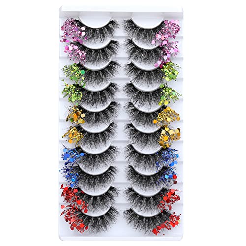 Ruairie False Eyelashes Natural Fluffy Glitter Lashes with Color on End Colored 3D Faux Mink Lashes Pack Halloween Lashes 5 Colors Fake Eyelashes 10 Pairs Cat Eye Lashes