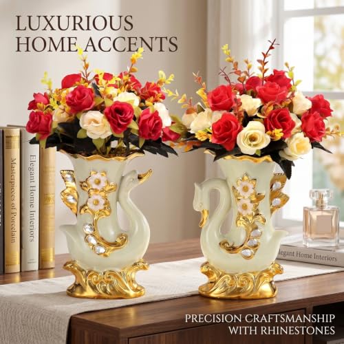 Roses elegantes fausses fleurs vase cygne dore strass sans entretien - 6