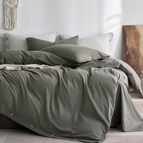 Image of JELLYMONI 100% Washed Cotton Duvet Cover King - Soft, Breathable Linen-Look Bedding with Natural Wrinkle Texture, Button Closure, 3-Piece Set (Dark Grey, 104 inchx90 inch)