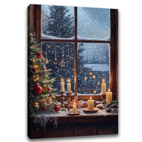 Christmas Winter Window Picture Wall Decor,Cozy Winter Interior Scene With