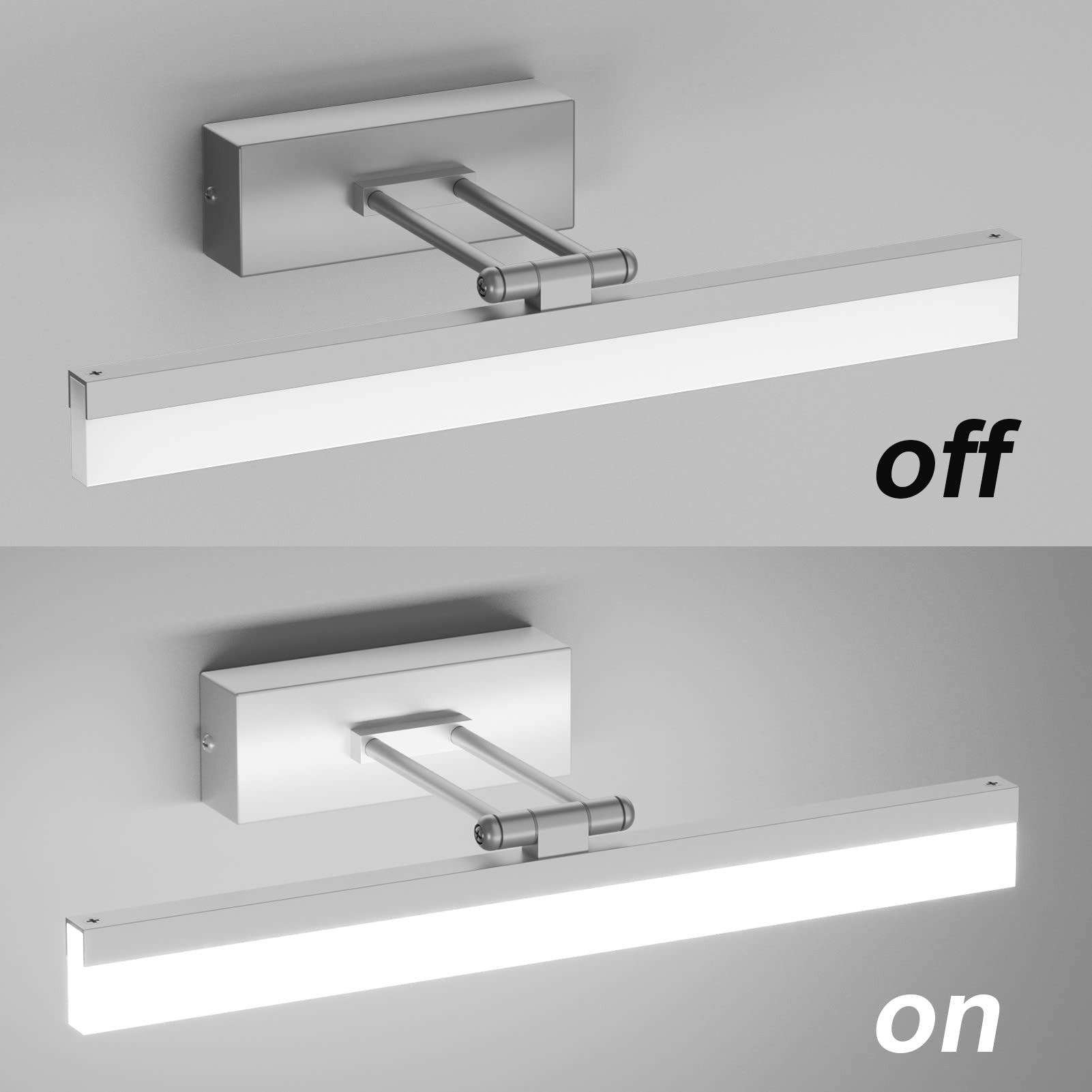 Klighten Lampa ścienna LED Łazienka 40 cm, światło lustro łazienkowe 9 W, nowoczesny, zimny biały 6000K kinkiet lustro łazienkowe, 180° obrotowy żelazny kinkiet ścienny, srebrny, 585 lumenów