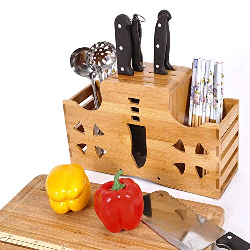 3-In-1 Bamboo Knife Block and Utensils Holder for Countertop, Knife Holder Without Knives with Cutlery Holder Cutting Board Holder