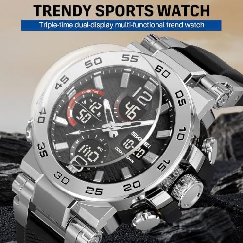 SKMEI Men’s Analog Digital Sports Watch, 50M Water-Resistant Dual Display Wristwatch with Stopwatch, Alarm, LED Backlight, Date and Day, Large Dial Outdoor Watch with TPU Strap (Silver) — view 2