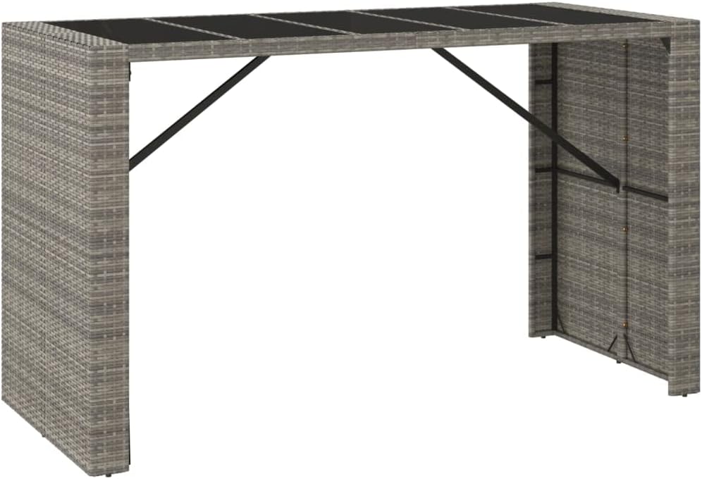 9 Piece Grey Poly Rattan and Solid Wood Acacia Garden Bar Set with Tempered Glass Tabletop and Powder-Coated Steel Frame for Outdoor Patio