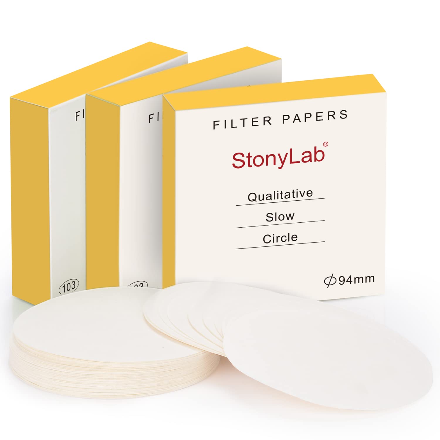 stonylab Qualitative Filter Paper, 3-Box 94 mm Diameter Slow Flow Rate Cellulose Filter Paper with 10 Micron Particle Retention Filtration Speed, Set of 3 x 100 Pcs