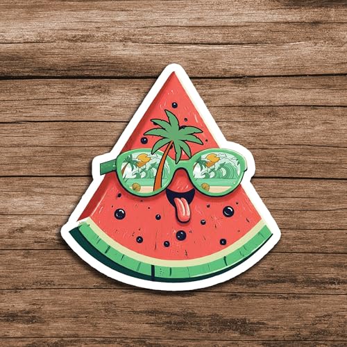 Image of Funny Watermelon Sticker Cartoon Summer Fruit Sunglasses Vinyl Decal Waterproof 5 Inch Laptop Water Bottle Cute Tropical Beach Sticker