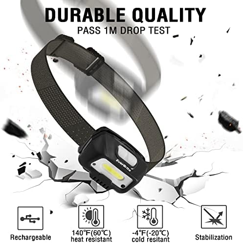 EVERBRITE Head Torch Rechargeable with Motion Sensor, 350 Lumen Super Bright Lightweight COB Headlamp, 6 Modes Adjustable Red Headlight for Running, Camping, Hiking, Fishing, Hunting, Cycling-Black