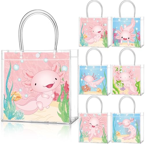 Image of Teenyyou 24 Pcs Axolotl Party Favor Bags Amphibian Clear PVC Gift Bags with Handles for Birthday Party Decorations
