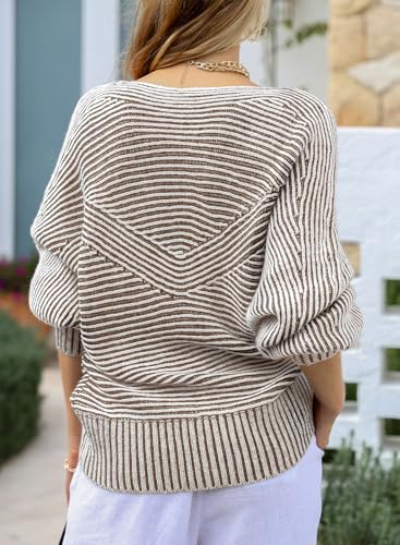 Image of EVALESS Striped Sweaters for Women Boat Neck Batwing Sleeve Oversized Pullover Sweater Tops Womens Fall Clothes Outfits