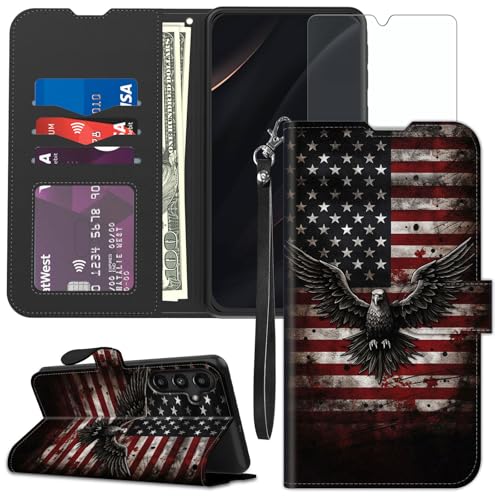 for Samsung Galaxy A15 5G Wallet case with Screen Protector, RFID Blocking Credit Card Holder, Folio Flip PU Leather Shockproof Protective Cover for Samsung A15 5G, America Flag Eagle