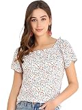 Allegra K Damen Lässige Kurzarmbluse Sommer-Ausschnitt Floralen Oberteilen Bluse Weiß M