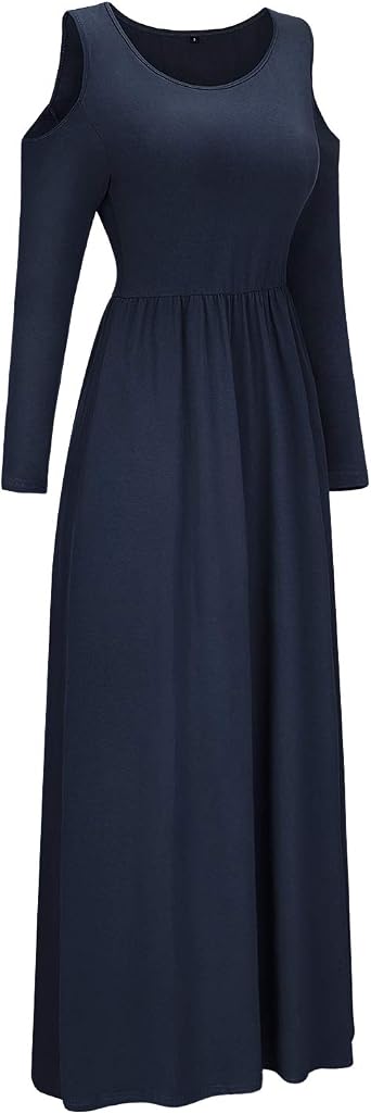 STYLEWORD Women's Cold Shoulder Elegant Maxi Long Dress with Pocket(Navy-506,XL)