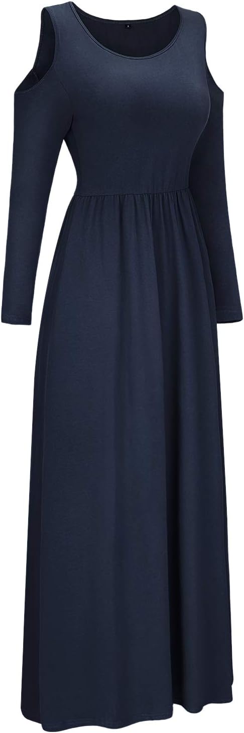 STYLEWORD Women's Cold Shoulder Elegant Maxi Long Dress with Pocket(Navy-506,XL)