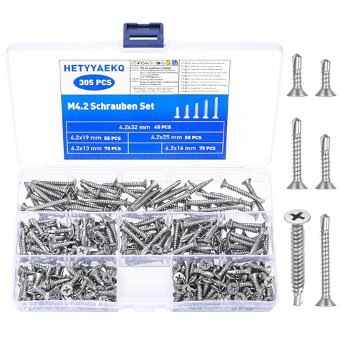 305 PzViti Autofilettanti a Testa Cilindrica in Metallo, M4,2 Viti per Lamiera, Set di Viti in Acciaio Inox per lavorazione dei metalli, legno, plastica