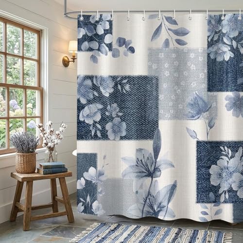 Raoycla Navy Blue Patchwork Shower Curtain, Vintage Blue Abstract Floral Mid Century Modern Boho Flower Plant Botanical Bathroom Decor, Rustic Retro Art Patterned Shower Curtains with Hooks 72X72Inch