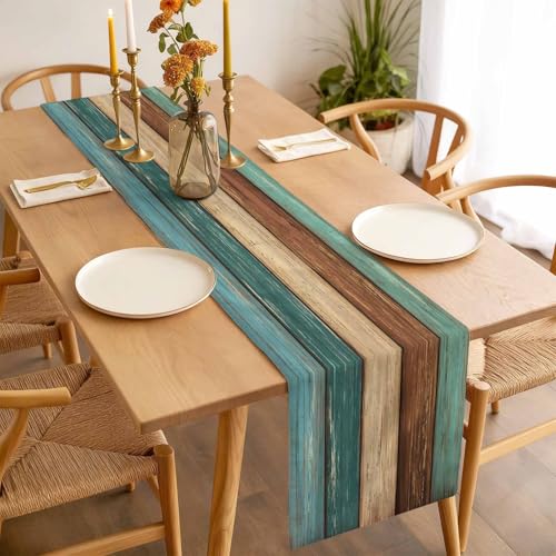 St Patrick's Day Cotton Linen Table Runner Farmhouse Retro Rustic Wood Texture Teal Green Brown Non-Slip Rectangle Party Table Decorations for Kitchen ,Home ,Dining Table ,Outdoor,,13X72 Inches Long by Vandarllin - Image 3