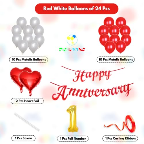 Image of Flyloons 1st Happy Anniversary Decoration Items Red White for Men Women Husband Wife Mom Dad Parent Couple Home Bedroom Car With 20 Pcs Metallic Balloons Anniversary Banner 2 Pcs Heart Set Kit