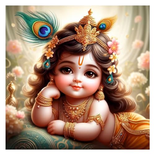 Image of Baby Krishna Peacock Feather Wall Poster for Pooja Room, Office, Kids Room (Size- 46CM X 46CM)