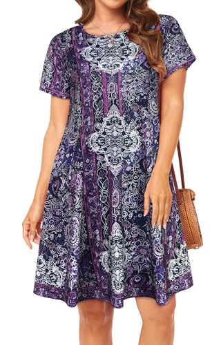 Image of Womens Summer Dresses Beach Casual Loose Tshirt Floral Short Sleeve Flowy Pockets Sundresses 2026
