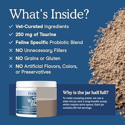 Fera Pets Wellness Blend - Cat Health Supplement with Feline-Specific Probiotics, Taurine and Lysine - Promotes Healthy Joints, Immunity, Heart & Bladder -Powder - 60 Scoops