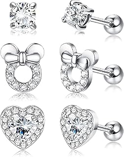 MILACOLATO 3Pairs 18G 925 Sterling Silver Studs Earrings for Kids Baby Earrings Cartilage Tragus Helix Toddler Earrings Cubic Zirconia Heart Mouse Screw Back Stud Earrings Set for Kids Children Girls