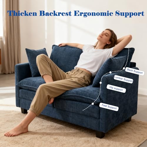 Image of 50'' Loveseat Sofa Cloud Sofa Couch, Modern Loveseats 2 Seat Couch 27 inch Deep Seat with 2 Pillows for Small Spaces Apartment Studio Office Bedroom Living Room, Blue