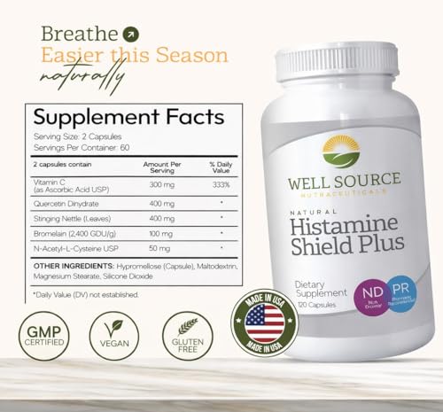 Histamine Shield Plus™ Natural Antihistamine Supplement for Adults, Sinus & Allergy Relief for Pollen, Pet Dander, Dust, Mold, and Odors, Quercetin with Bromelain & Stinging Nettle 120 Capsules - Thumbnail 2