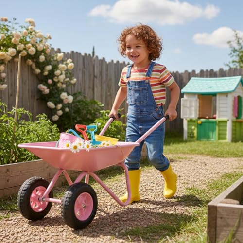 Image of Pink Wheelbarrow Set Gift for Kid Toddler Gardening Metal Wheelbarrow(pink) | Kids Gardening Tool Set Wheel Barrel Wheel Barrow All Seasons Outdoor Toy Digging Weed,Sand,Sweeping Leaves,Snow