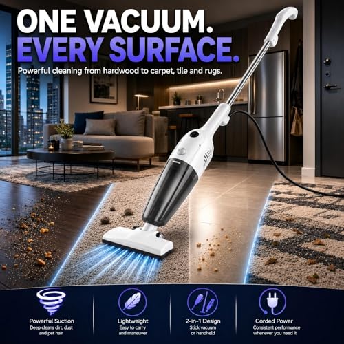 Image of FUNCCUBE Vacuum Cleaners for Home - Corded Stick Vacuum Cleaner, High Power Suction Vac for Pet Hair Carpet Hardwood Floor, Household Hand Lightweight Handheld Portable Car Vac,MC White