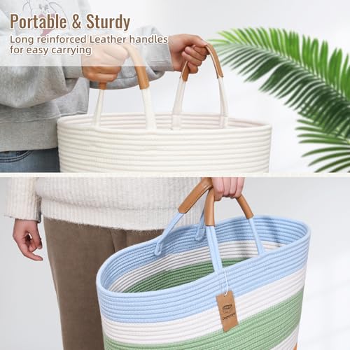 Image of Large Laundry Basket, Laundry Hamper with Leather Handles, 90L Woven Dirty Clothes Hamper, Rope Hampers for Bedroom, Barthroom, Rainbow