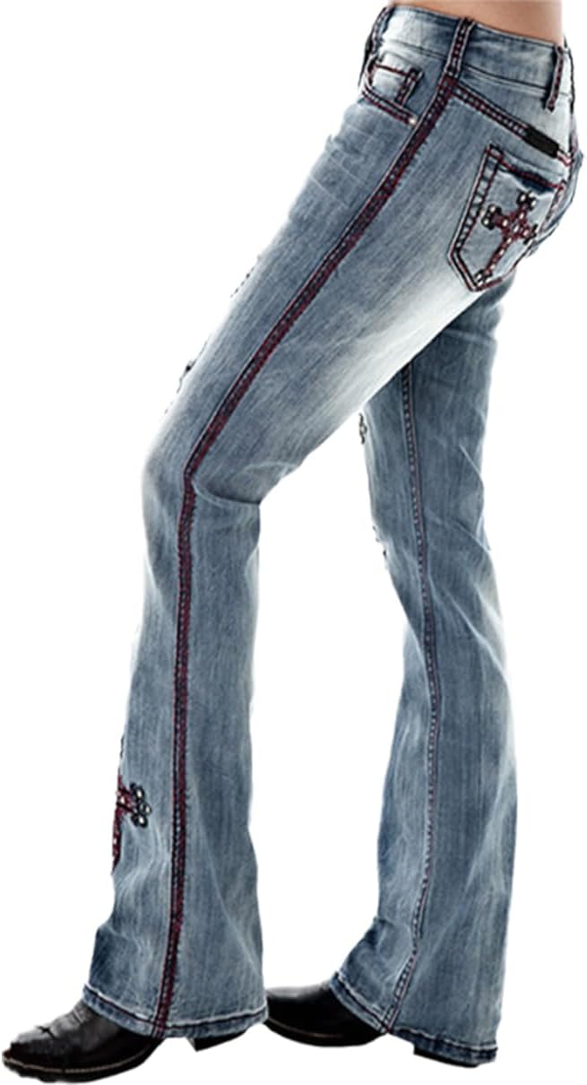 Bootcut Jeans for Women Mid Rise Ripped Distressed Embroidered Cross Jeans Stretchy Fit Denim Long Pants - Image 2