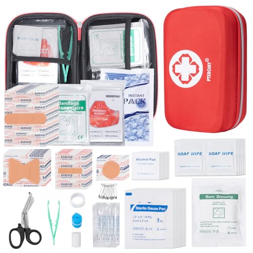 PTEROMY Kit de primeros auxilios de 300 piezas, kit de primeros auxilios portátil pequeño compacto con estuche de almacenamiento duro para coche, viajes, hogar, camping, al aire libre, senderismo