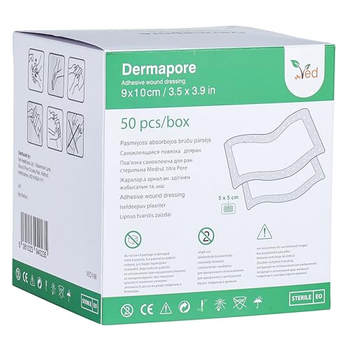 Apósito adhesivo para heridas VED Dermapore: adecuado para cortes y rozaduras, úlceras venosas en las piernas y pequeñas úlceras por presión, mediano, (9 x 10cm (Pack of 50))