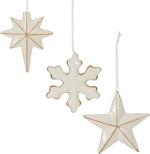 Melrose Adornos de Navidad de estrella y copo de nieve, 4 pulgadas, color crema y oro, 6 quilates, marfil
