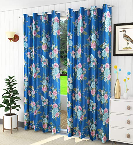 Image of Homefab India Eyelet Polyester Floral Long Door Curtain - 8 ft, Blue - 2 Piece