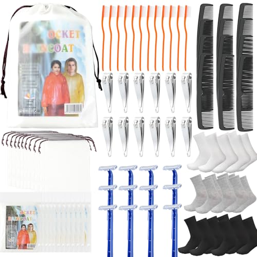 84 Pcs Homeless Care Package Supplies Bulk Hygiene Kits with Nail Clipper Prepasted Disposable Toothbrushes Razors Ponchos Combs Socks & Drawstring Bags Ideal Charity or Personal Travel Package