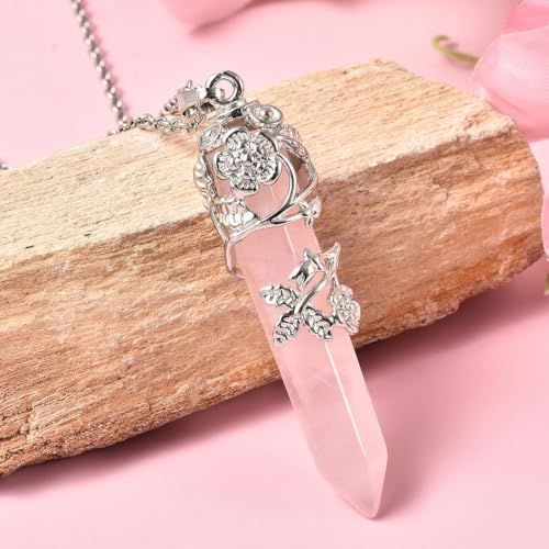 Shop LC Real Natural Pink Rose Quartz Necklace for Women 24" with Lobster Clasp - Healing Crystal Necklaces for Women with Flower Wrapped Pendant Rose Quartz Jewelry Birthday Mothers Day4