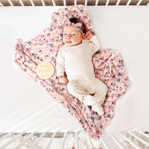 Image of DRESHOW BQUBO Baby Girl Newborn Receiving Blanket with Bow Hat Headband Wooden Birth Announcement Card Set Baby Floral Print Nursery Swaddle Wrap