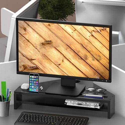Double-Layer Black Monitor Stand Riser, Corner Shelf with 2 Slots & Storage, Triangle Design for Universal Office Use, Enhance Desktop Organization & Comfort