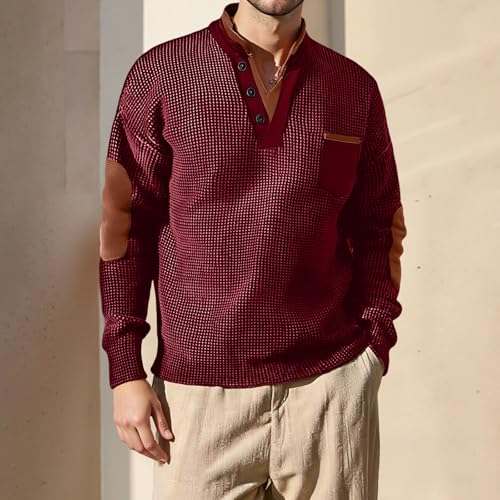 Mens Waffle-Knit Button Sweatshirt Pockets High V Neck T Shirts Comfy Soft Fashion Muscle Shirt Pullover Hoodies2