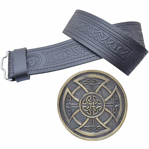Ceinture de kilt en cuir rigide anti-glisse avec boucle celtique laiton tenue Highland