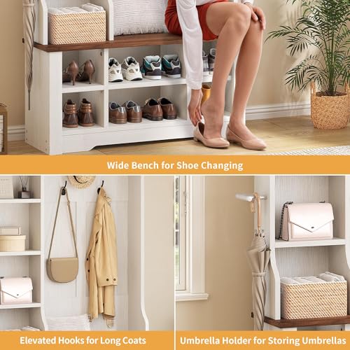 DWVO 39" Hall Tree with Bench and Shoe Storage, 6 Shoe Cubbies & 5 Coat Hooks, 4 Side Storage Cubbies, Entryway Bench with Coat Rack for Entryway Hallway Bedroom Narrow, Adjustable Shelf (White)